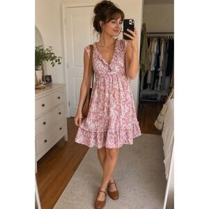 Old Navy Womens Pink Floral Paisley Linen Blend Ruffle Babydoll Dress Large